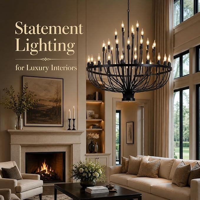 Shandaglo Large Chandelier for High Ceilings, 48-Light Black Wagon Wheel Chandelier, 47.2 Inch 3-Tier Extra Farmhouse Dining Room Light Fixture for Foyer, Living Room, Entryway
