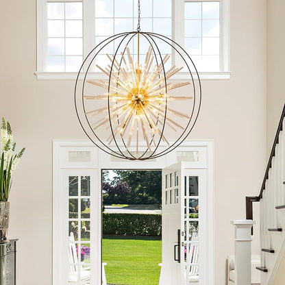 Vezzio 52" Extra Large Globe Chandelier for High Ceilings 32-Light Modern Black and Gold Modern Crystal Pendant Light Fixture for Entryway, Foyer, Stairway, Kitchen, Dining, and Living Room