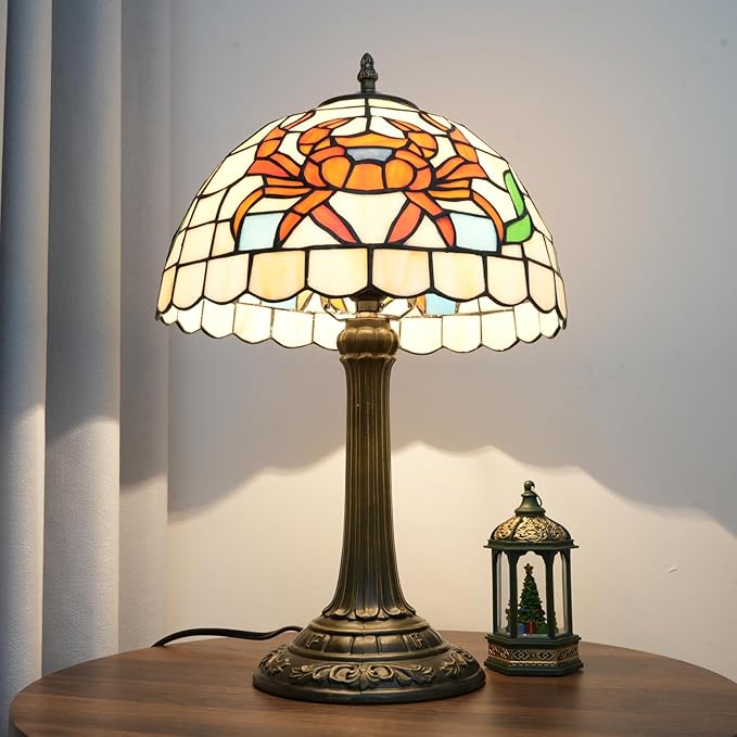 Tiffany Style Table Lamp with Orange Crab Stained Glass Lamp 12 Inch Retro Bronze Base Bedside Lamp Bedroom，Living Room, Bar,Cafe,Restaurant Hotel Art Nouveau Style Decorative Ambient Light
