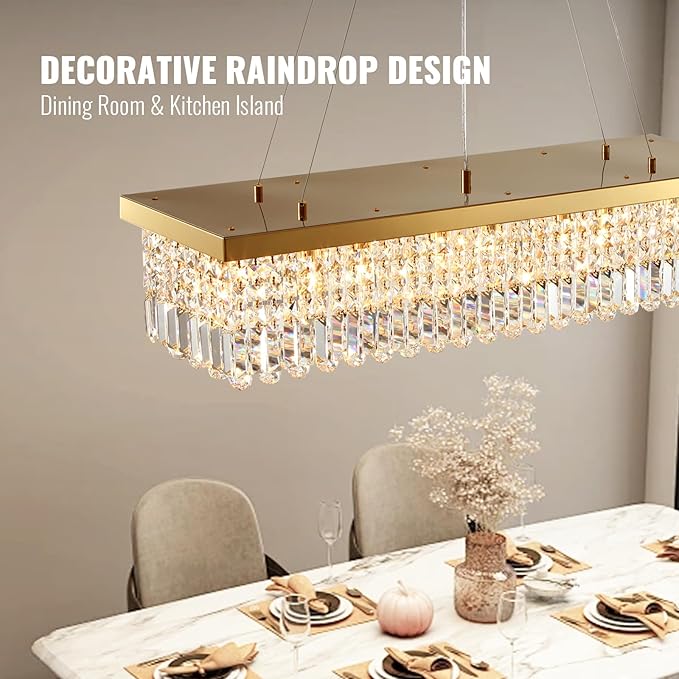 Siljoy 8-Light Modern Crystal Chandelier, 40'' Gold Rectangular K9 Crystal Raindrop Chandelier, Luxury Dimmable Crystal Ceiling Light for Living Dining Room Kitchen Island L40'' x W10'' x H10''