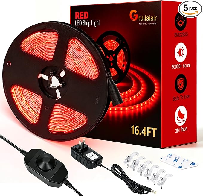 Red LED Strip Light 16.4ft – Dimmable, Waterproof, Flexible & Cuttable – 12V UL Listed Adapter – 3M Tape – DIY for Bedroom, Party, Bar, Festival