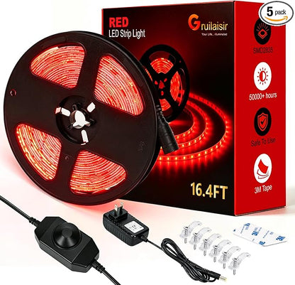 Red LED Strip Light 16.4ft – Dimmable, Waterproof, Flexible & Cuttable – 12V UL Listed Adapter – 3M Tape – DIY for Bedroom, Party, Bar, Festival