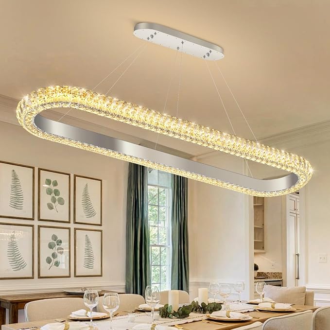 47'' Oval Ring Crystal Chandelier Modern LED Dimmable Ring Pendant Light Chandelier for Dining Room Living Room Silver