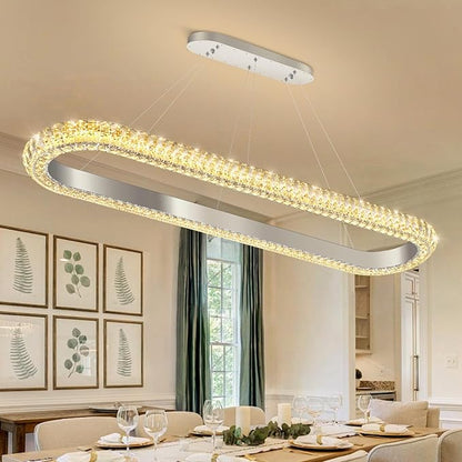 47'' Oval Ring Crystal Chandelier Modern LED Dimmable Ring Pendant Light Chandelier for Dining Room Living Room Silver