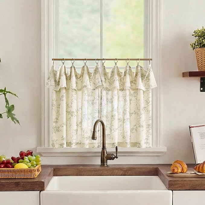 jinchan Floral Linen Kitchen Curtains with Attached Valance 24 Inch Length Farmhouse Cafe Tier Curtains for Living Room Bathroom Rustic Half Window Light Filtering Small Drapes 2 Panels Green