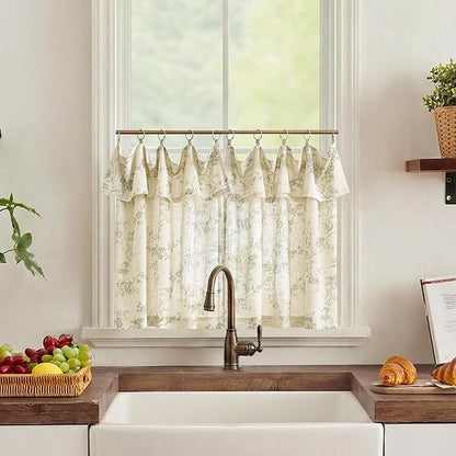 jinchan Floral Linen Kitchen Curtains with Attached Valance 24 Inch Length Farmhouse Cafe Tier Curtains for Living Room Bathroom Rustic Half Window Light Filtering Small Drapes 2 Panels Green