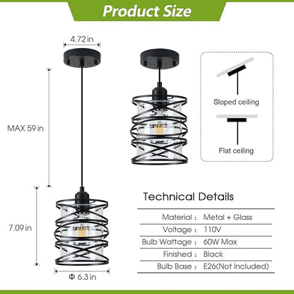 3-Pack Spiral Glass Pendant Lights Kitchen Island Mini Black Pendant Light Modern Metal Cage Handblown Seeded Glass Ceiling Hanging Lamp Adjustable Cord for Dining Room Foyer Hallway, E26