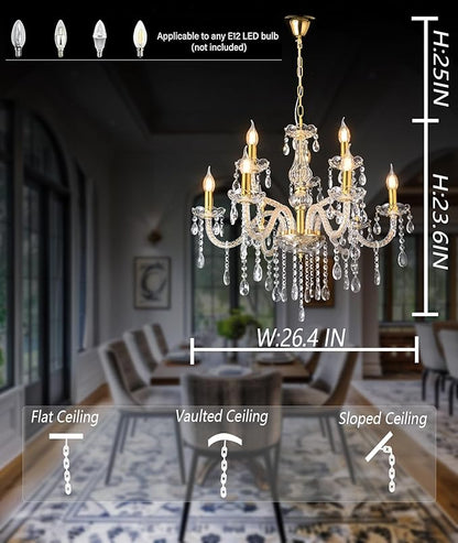YYSHCHEN Luxury 26.4" Gold Crystal Chandeliers,9-Lights Glass Chandelier for Dining Room,Living Room,Bedroom.