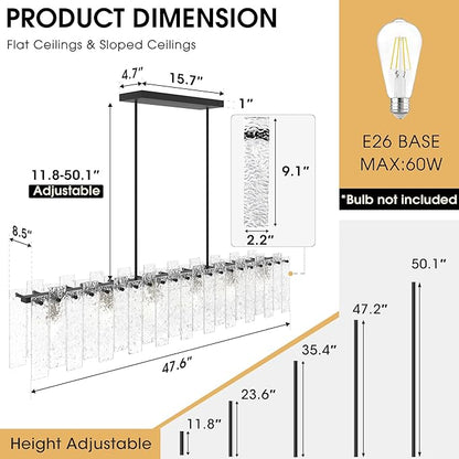 Modern Black Rectangle Chandelier, 48" Dining Room Chandelier with Water Ripple Glass, Staggered Design, Linear Crystal Chandeliers for Dining Room, Living Room, Kitchen Island