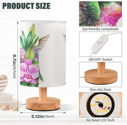 Table Lamp Flying Hummingbird Nature Tropical Orchid Flower Jungle Leaves Nightstand Lamp with Wood Base Fabric Lamp Shade Bedside Desk Lamp for Living Room Bedroom Kids Room Office