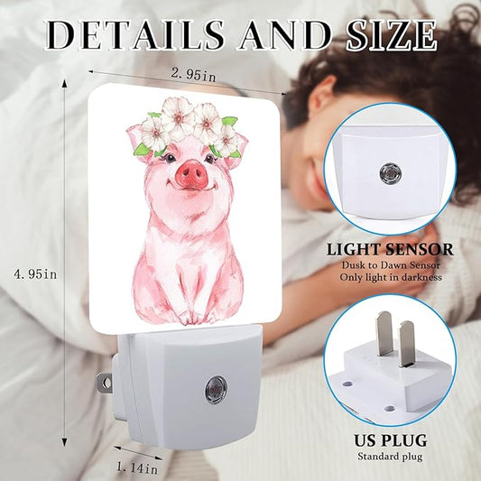 Watercolor Flower Pig Night Light, Plug-into Wall Cute Animals Nightlight Lamp with Dusk to Dawn Sensor, Led Lamp 0.5W Energy Efficient for Boys Girls Adults Home Decor