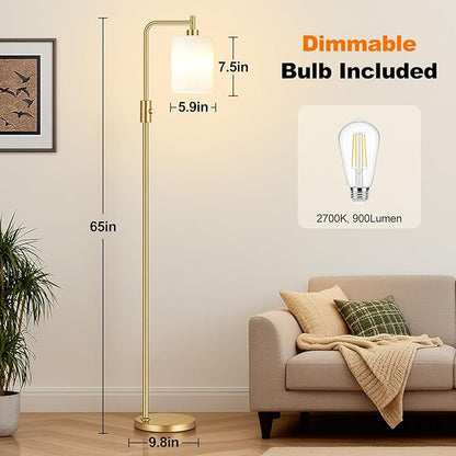 【Upgraded】Dimmable Floor Lamps for Living Room with Frosted White Glass Shade, Modern Industrial Floor Lamp with 900LM Bulb Included, Standing Tall Lamp for Bedroom, Office, Reading Room, Corner, Gold