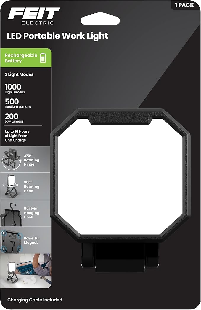Feit Electric Portable LED Work Light, 360° Rotating Head, 3 Light Modes, 1000/500/200 Lumens, Adjustable Working Light for Workshop Garage, 25,000-Hour Lifetime, WORK1000/FOLD/BAT