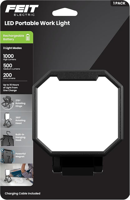 Feit Electric Portable LED Work Light, 360° Rotating Head, 3 Light Modes, 1000/500/200 Lumens, Adjustable Working Light for Workshop Garage, 25,000-Hour Lifetime, WORK1000/FOLD/BAT