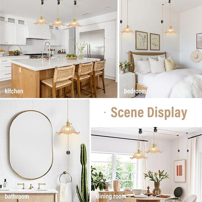 Plug in Pendant Light Vintage, Adjustable Pulley Hanging Lamp with Amber Lily Glass Shade, Brass Hanging Lights with Plug in Cord for Bedroom Kitchen, Compatible with Indoor Plant Grow Light Bulbs