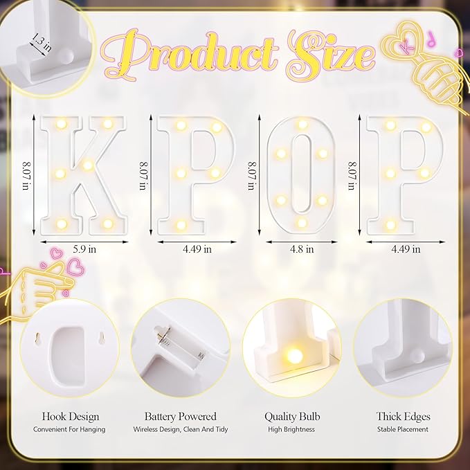 KPOP Light Up Letters Marquee Signs for Bedroom Decor, Battery Powered LED Alphabet Lamps for K-Pop Birthday Party Supplies, Concert Celebration Background & Fan Gift Room Accessories White