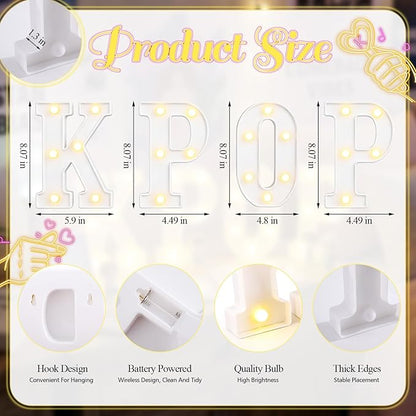 KPOP Light Up Letters Marquee Signs for Bedroom Decor, Battery Powered LED Alphabet Lamps for K-Pop Birthday Party Supplies, Concert Celebration Background & Fan Gift Room Accessories White