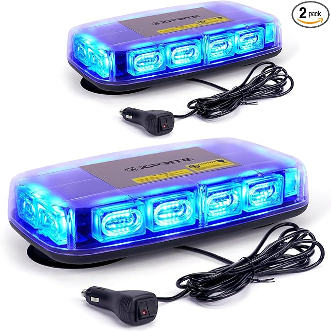 Xprite 2PCS Upgraded 12" 72LED Rooftop Mini Strobe Lights, Emergency Safety Flashing Beacon Light bar with Magnetic Base for 12V-24V Construction Vehicles, Trucks, Snow Plow, Postal Car (Blue)