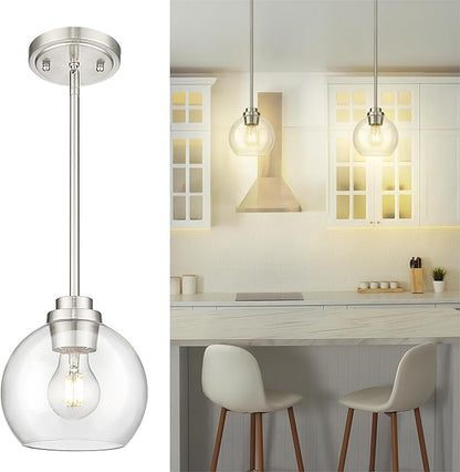 Pendant Lights Kitchen Island, 7" Modern Brushed Nickel Hanging Lights Fixtures with Clear Glass Globe Shade, Kitchen Island Lighting for Bathroom, AD-22280-1P-SN-C