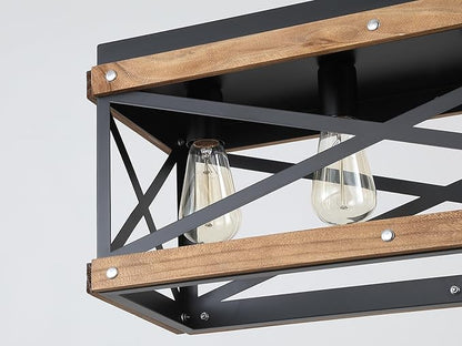 Rustic Farmhouse Wood Kitchen Island Lighting, 4 Lights Rectangular Pendant Light Fixture, Adjustable Chain Oak Wood and Metal Linear Chandelier for Dining Room Kitchen Island Farmhouse, Black