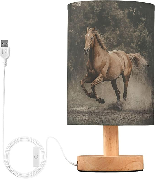 Table Lamp Horse Running in Woodland Nightstand Lamp with Wood Base Fabric Lamp Shade Bedside Desk Lamp for Living Room Bedroom Kids Room Office