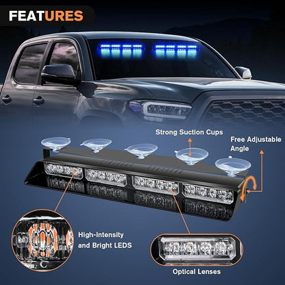Nilight 32LED Blue Emergency Dash Strobe Lights with Controller Suction Cups Warning Hazard Interior Front/Rear Windshield Deck Split Light Bar for Trucks Construction Vehicles