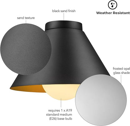 GLOBE Electric 60000163 1-Light Outdoor Flush Mount, Painted Black Sand Texture, Frosted Opal Glass Inner Shade