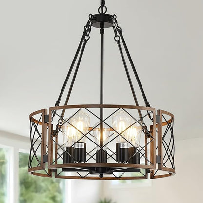 21'' Farmhouse Chandelier, 5-Light Black & Wood Grain Dining Room Light Fixture Over Table, Rustic Industrial Drum Hanging Pendant Lights Fixture for Kitchen Island Bedroom Hallway Foyer Entryway