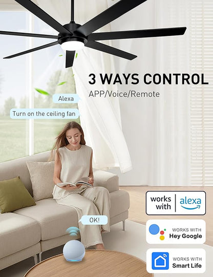 65 Inch Black Smart Ceiling Fan with Light and Remote via WIFI Alexa APP Control,Dimmable,Quiet DC Motor Indoor Outdoor Ceiling Fans for Patios or Bedroom