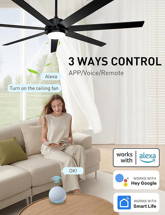 65 Inch Black Smart Ceiling Fan with Light and Remote via WIFI Alexa APP Control,Dimmable,Quiet DC Motor Indoor Outdoor Ceiling Fans for Patios or Bedroom