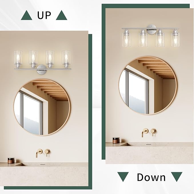 Bathroom Vanity Light Fixtures Brushed Nickel,4 Lights Rustic Farmhouse Vanity Bar Lighting Over Mirror Modern Industrial Wall Sconces Lamp with Cylinder Glass Shade
