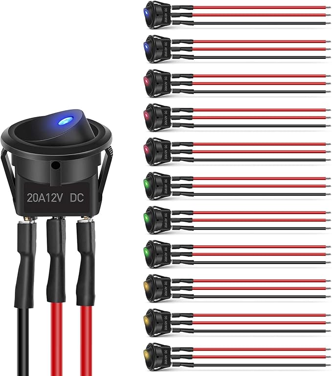 Nilight 12pcs Rocker Toggle Switch 3Pins 12V 20A Wired Round LED Light Power On Off Switches SPST for Car Truck Vehicle Trailer RV Marine Boat Yacht with 36pcs Wires