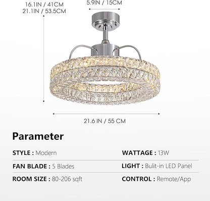 LUDOMIDE Crystal Ceiling Fans with Lights, 21" Fandelier Ceiling Fan with Light and Remote 6-Speed Wind, Dimmable LED, Chandelier Ceiling Fan for Bedroom Dining Room Living Room