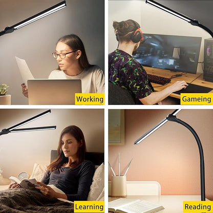 Double Head LED Desk Lamp for Office - Eye Caring Lamp with Clamp, Flexible Adjustable Lighting Gooseneck Desk Light, 4 Color Modes & 5 Brightness Levels for Monitor Workbench Study Reading