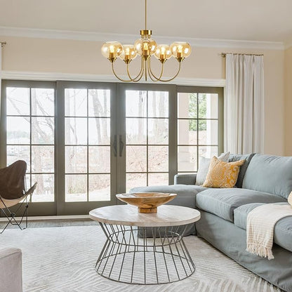Mid Century Modern Globe Chandelier 5 Light Amber Glass Vintage Sputnik Chandeliers Gold Pendant Light Fixtures for Dining Room Kitchen Living Room Bedroom