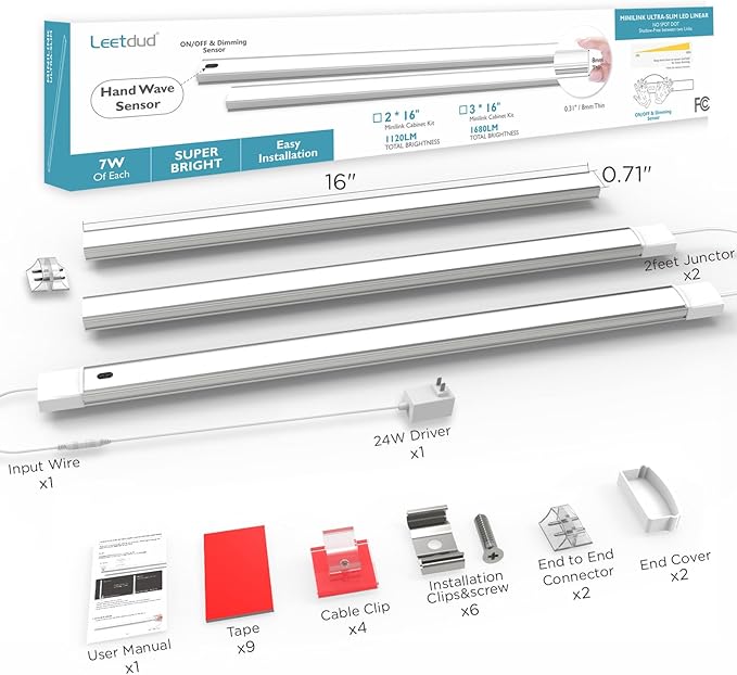 Leetdud Hand Wave Under Cabinet LED Lighting Plug in, 16 Inch 3 Pcs Dimmable Linkable Ultra Thin Aluminum Alloy Housing, 4000K Natural White Motion Sensor Counter Lights for Kitchen, Shelf, Cupboard