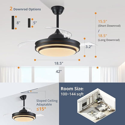 LEDIARY Retractable Ceiling Fans with Lights and Remote, 42 Inch Fandelier Ceiling Fans with LED Lighting, Smart Modern Ceiling Fan, Stepless Color Changeable, Dimmable, Timer Setting