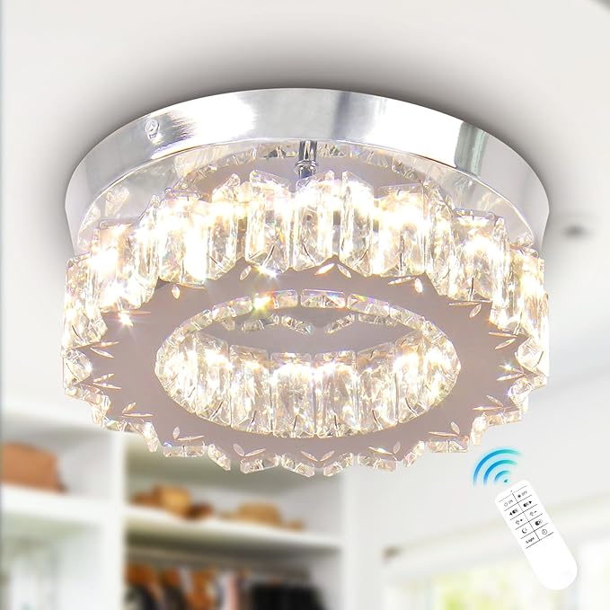 Dimmable LED Crystal Ceiling Light with Remote Mini Round LED Crystal Chandeliers Modern Flush Mount Ceiling Light Fixture Hallway Light Bedroom Bathroom Kitchen Office