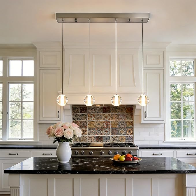 Brushed Nickel 4 Lights Rectangular Chandeliers, Bubble Light Fixture, Modern Crystal Globe Hanging Kitchen Pendant Lights Over Sink for Dining Room Kitchen Island Hallway Bedroom