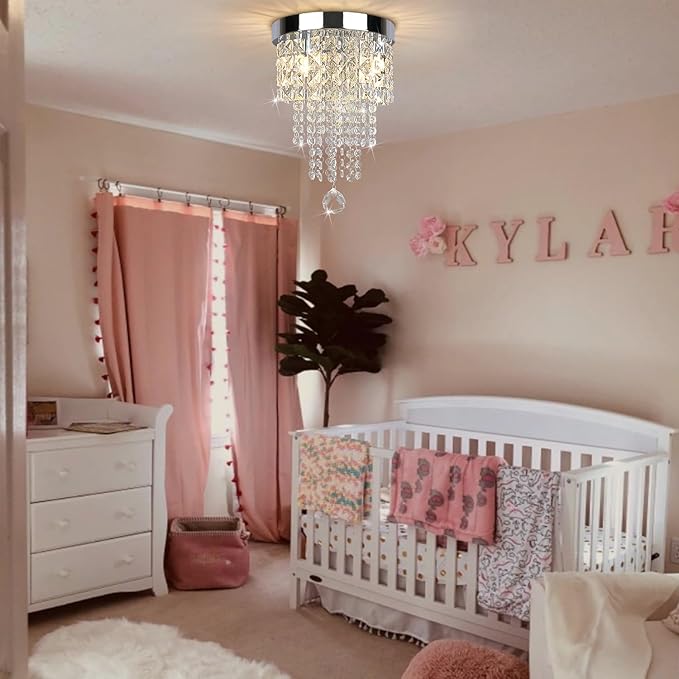 Modern 3 Light Crystal Chandelier,Silver Raindrop Crystal Ceiling Light,Small Flush Mount Ceiling Light Fixture for Hallway, Bedroom, Bathroom, Closet