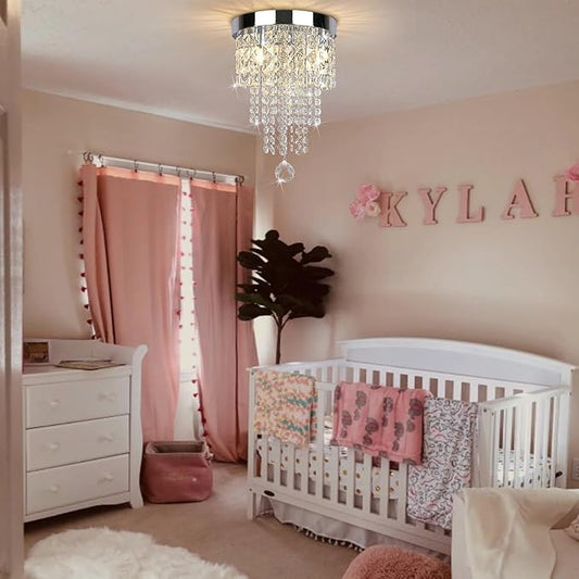 Modern 3 Light Crystal Chandelier,Silver Raindrop Crystal Ceiling Light,Small Flush Mount Ceiling Light Fixture for Hallway, Bedroom, Bathroom, Closet