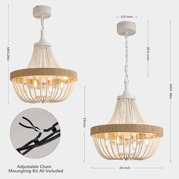 Luxury Empire Crystal Chandelier Fan with 64 Bead Strands, 7-Blade Invisible Fan, Remote/APP Controlled Ceiling Fan for Living Room, Bedroom, Dining Hall (White Wood Bead, 20" Farmhouse Style)