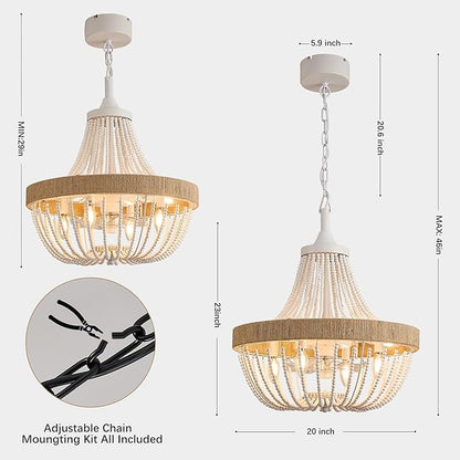 Luxury Empire Crystal Chandelier Fan with 64 Bead Strands, 7-Blade Invisible Fan, Remote/APP Controlled Ceiling Fan for Living Room, Bedroom, Dining Hall (White Wood Bead, 20" Farmhouse Style)