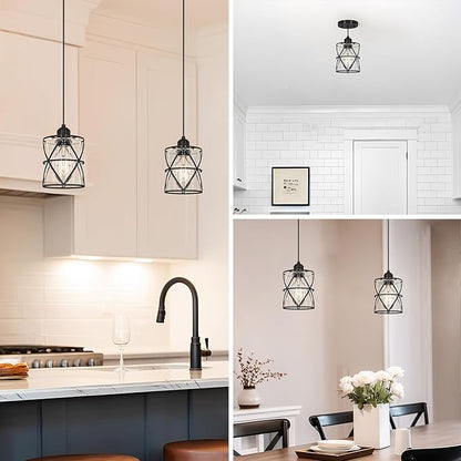 DSMJFU 2 Pack Black Pendant Lights, Modern Clear Glass Adjustable Hanging Lighting for Kitchen Island Bedroom Bathroom Entryway Hallway, E26 Base Ceiling Pendant Light Fixtures