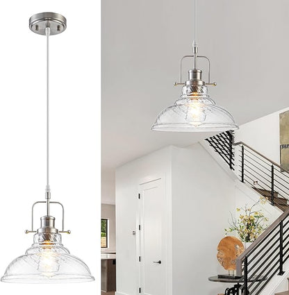 WILON Brushed Nickel Striped Glass Chandelier Pendant Lights Kitchen Island Lighting, Modern Hanging Lamp for Sink Dining Room Over Table Hallway Entryway Bar Foyer Bathroom