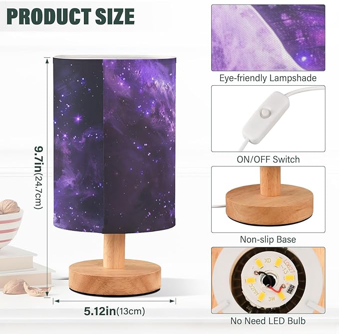 Bedside Table Lamp Butterfly Purple Galaxy Nightstand Lamp with Wood Desk Lamps for Bedroom Living Room Nursery Office Home Decor