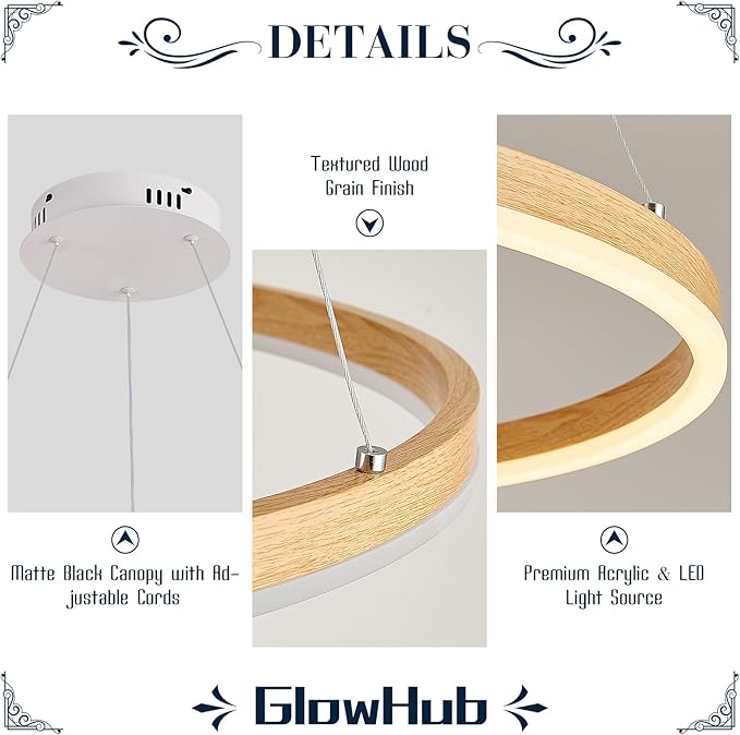 LED Ring Chandelier Wood Grain Round Chandeliers Modern Farmhouse Pendant Light Circular Hanging Ceiling Light Coastal Chandelier for Dining Room Kitchen Entryway, 20 inches