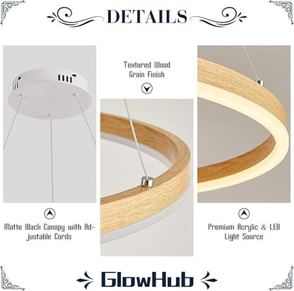 LED Ring Chandelier Wood Grain Round Chandeliers Modern Farmhouse Pendant Light Circular Hanging Ceiling Light Coastal Chandelier for Dining Room Kitchen Entryway, 20 inches