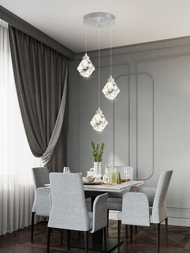 3-Lights Pendant Lights Kitchen Island Mini Chandelier,Modern Silver Pendant Light with Remote Control,Hanging Light Fixture for Dining Room Hallway