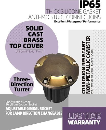 MALORY Brass Top Cover Landscape Well Lights,(φ126 mm) 12V Low Voltage Outdoor In Ground Lights,Landscape Lighting for Pathway, Driveway and Garden (Three-Direction Turret, 4-Pack with Bulb)